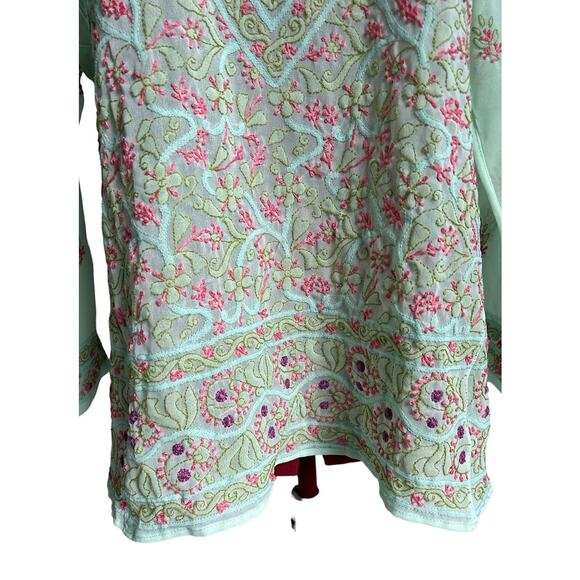 Jest Jewels Vintage Size Medium‎ Chartreuse Floral Embroidered Shear Tunic Top - Picture 5 of 6